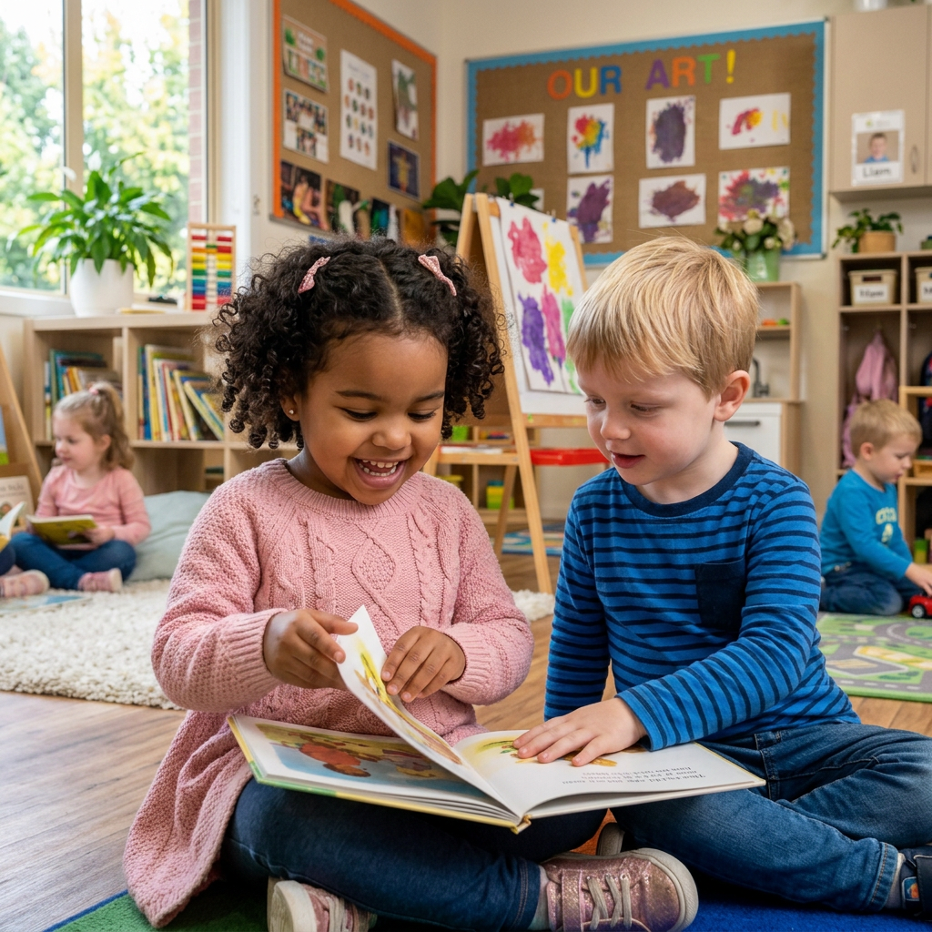 Children playing with blocks, reading books, painting, and teachers interacting in a preschool classroom.