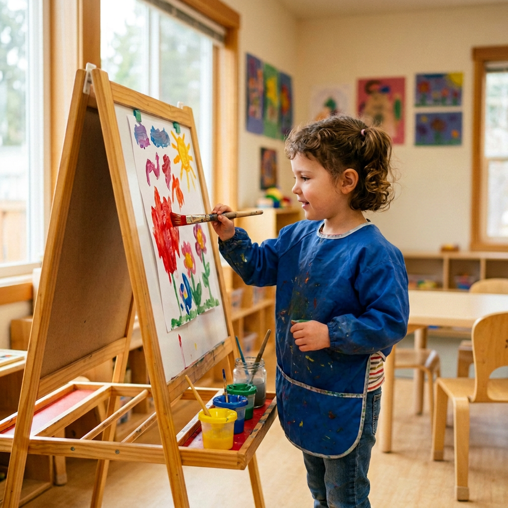 Child painting colorful flowers and sun on an easel in classroom